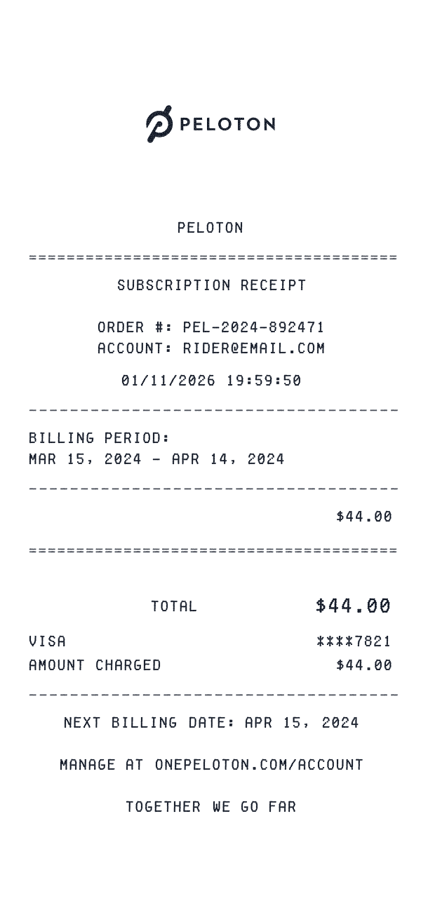 Peloton receipt template example - fitness receipt with itemized details, prices, and payment information