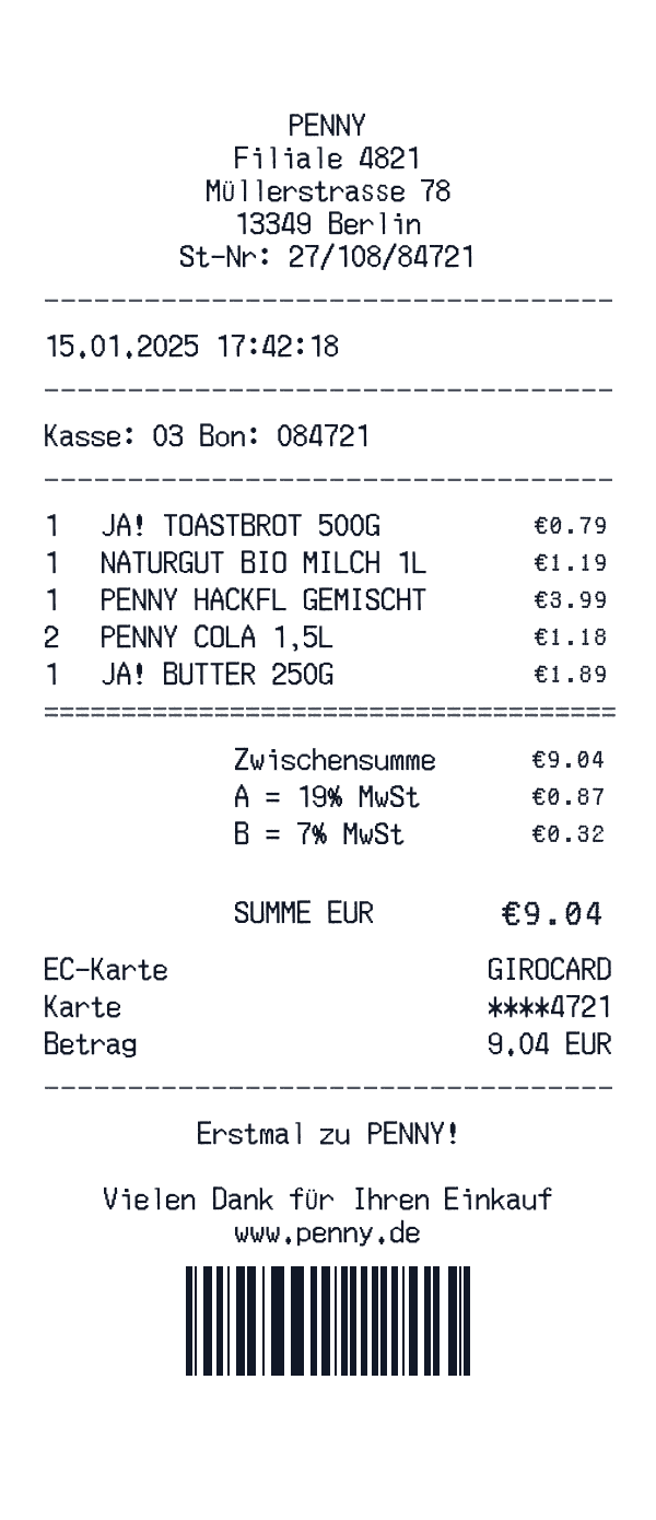Penny receipt template example - grocery receipt with itemized details, prices, and payment information