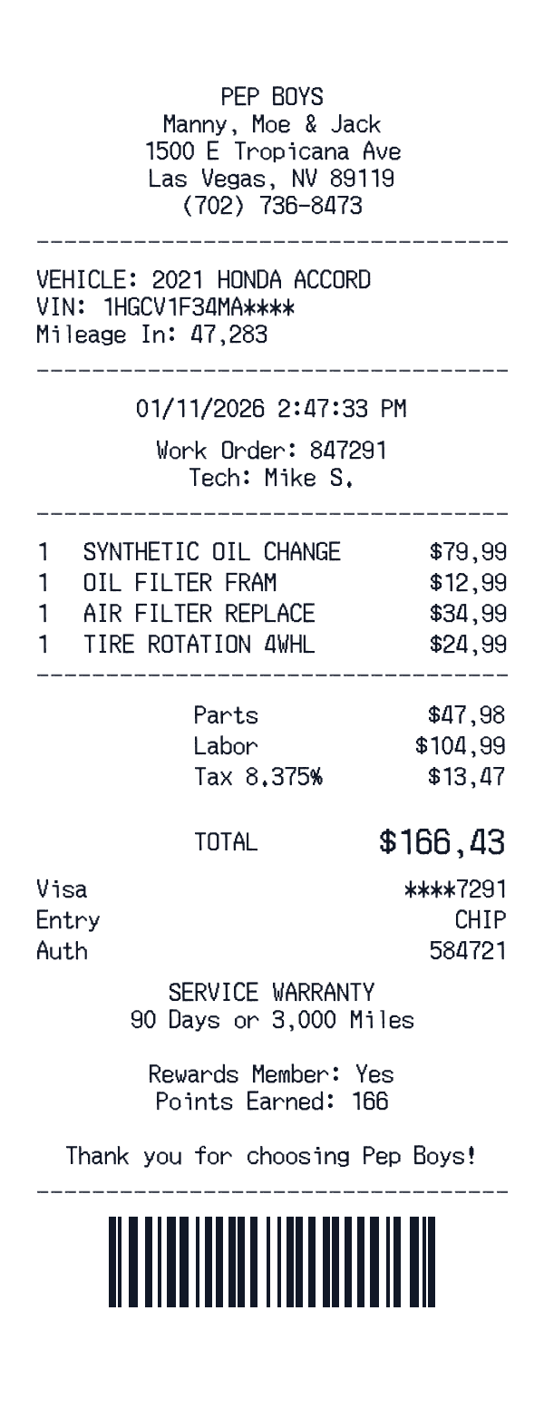 Pep Boys receipt preview