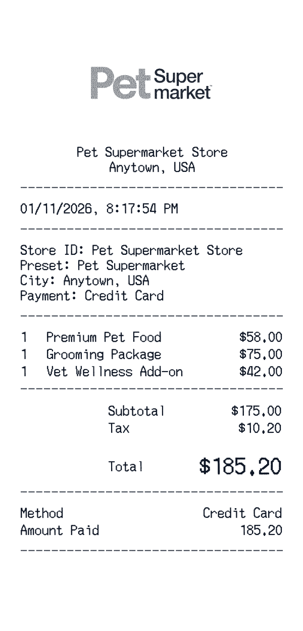 Pet Supermarket receipt template example - pet care receipt with itemized details, prices, and payment information