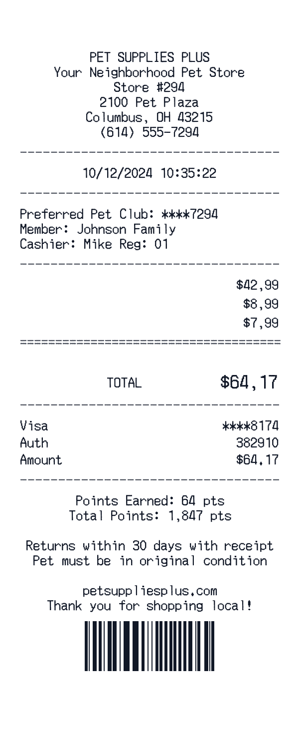 Pet Supplies Plus receipt template example - pet care receipt with itemized details, prices, and payment information