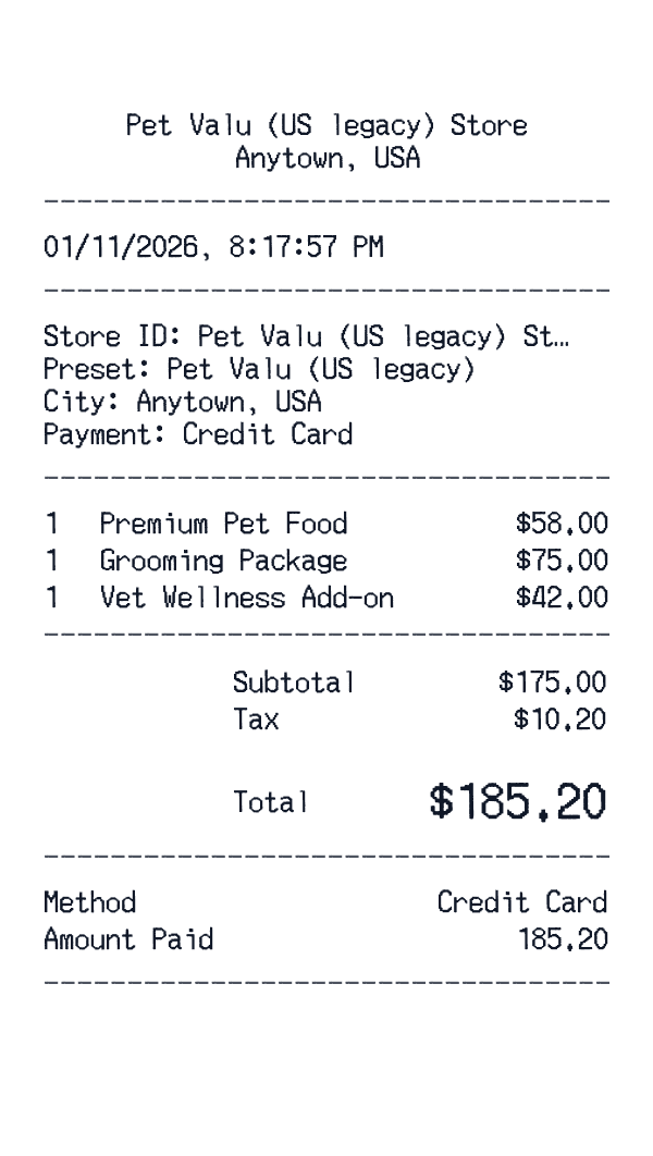 Pet Valu (US legacy) receipt preview