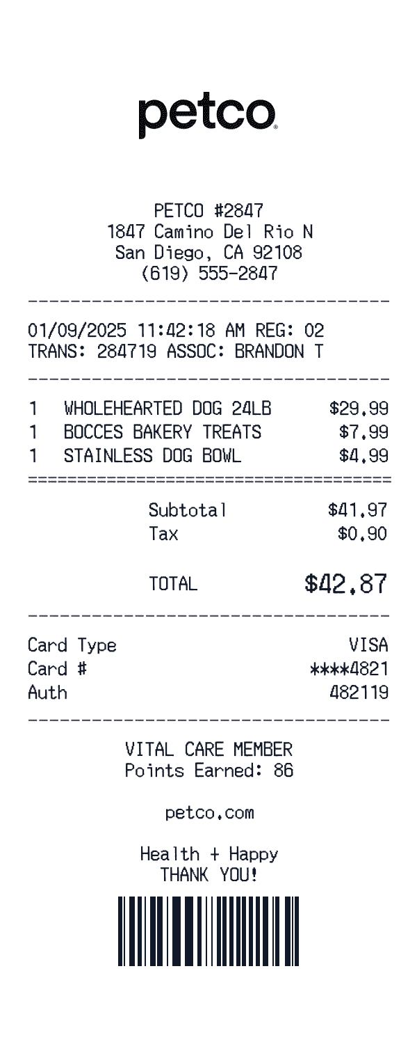 Petco receipt template example - pet care receipt with itemized details, prices, and payment information