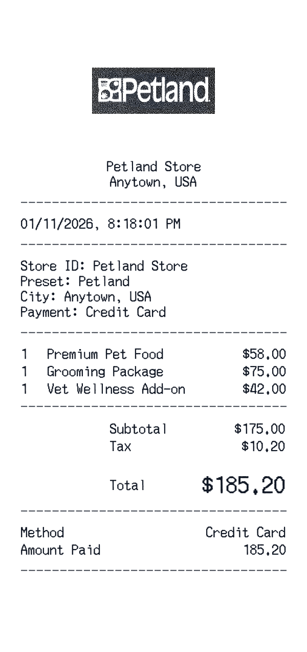 Petland receipt template example - pet care receipt with itemized details, prices, and payment information