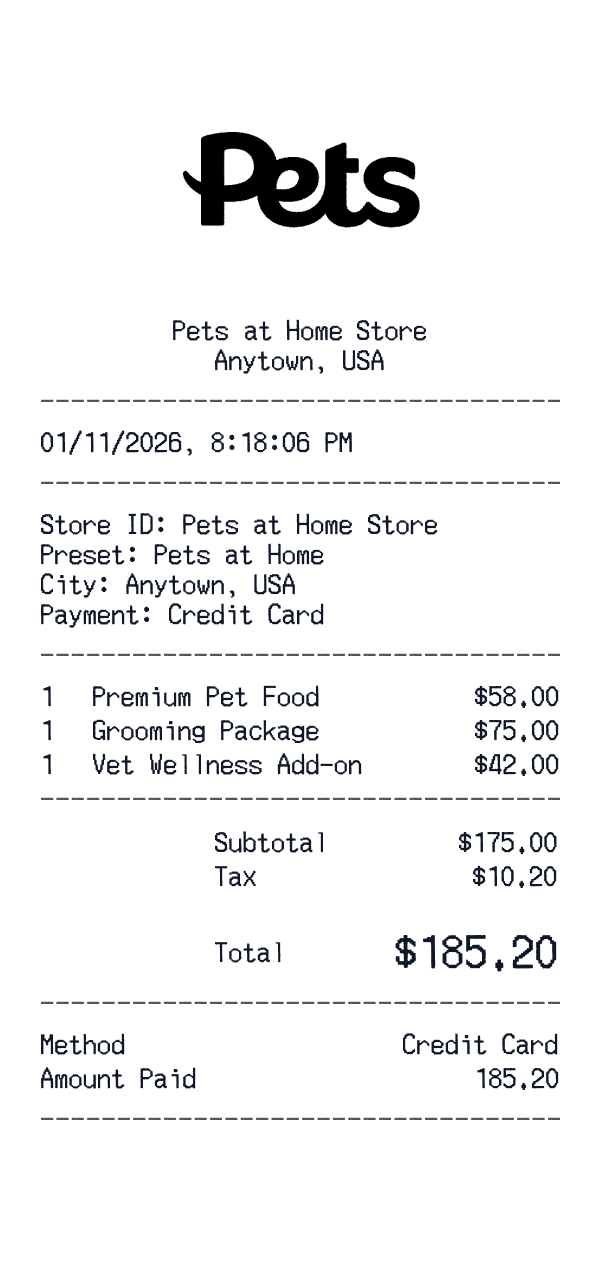 Pets at Home receipt template example - pet care receipt with itemized details, prices, and payment information