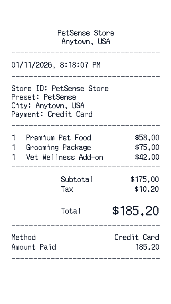 PetSense receipt template example - pet care receipt with itemized details, prices, and payment information
