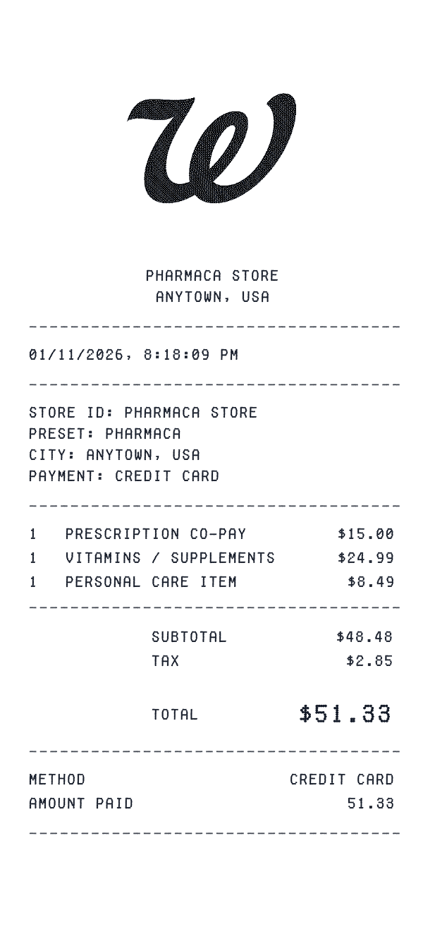 Pharmaca receipt preview