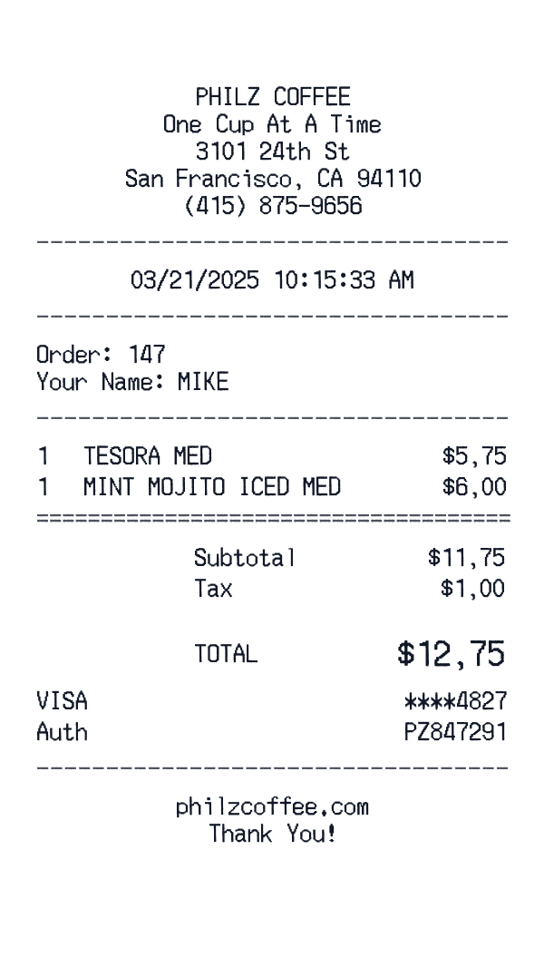 Philz Coffee receipt preview