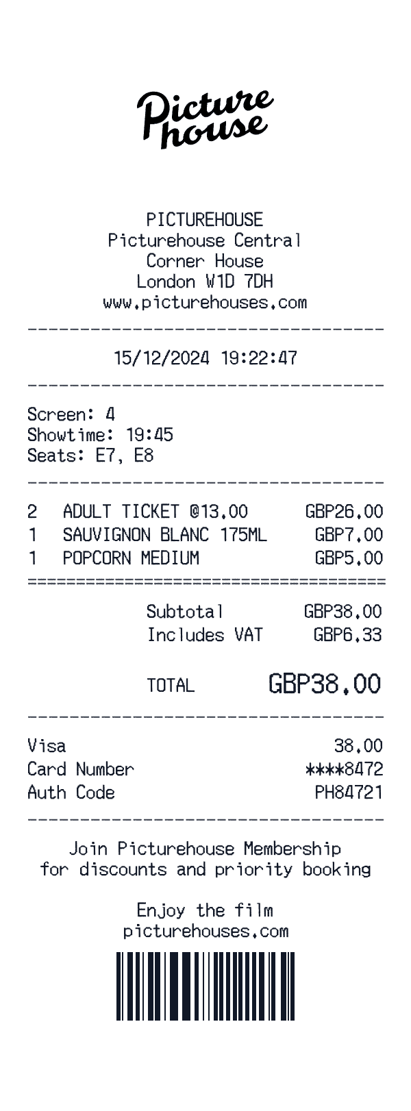 Picturehouse receipt template example - entertainment receipt with itemized details, prices, and payment information