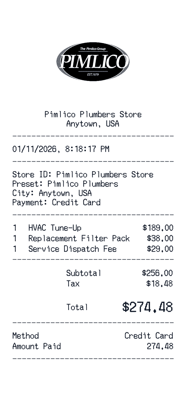 Pimlico Plumbers receipt template example - home services receipt with itemized details, prices, and payment information