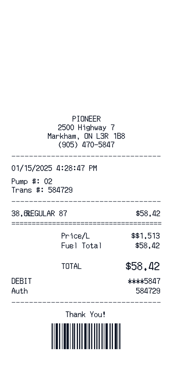 Pioneer receipt template example - gas station receipt with itemized details, prices, and payment information
