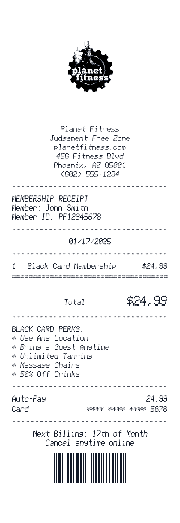 Planet Fitness receipt preview