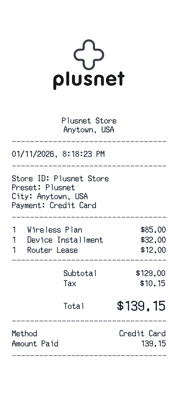 Plusnet receipt template example - telecom receipt with itemized details, prices, and payment information