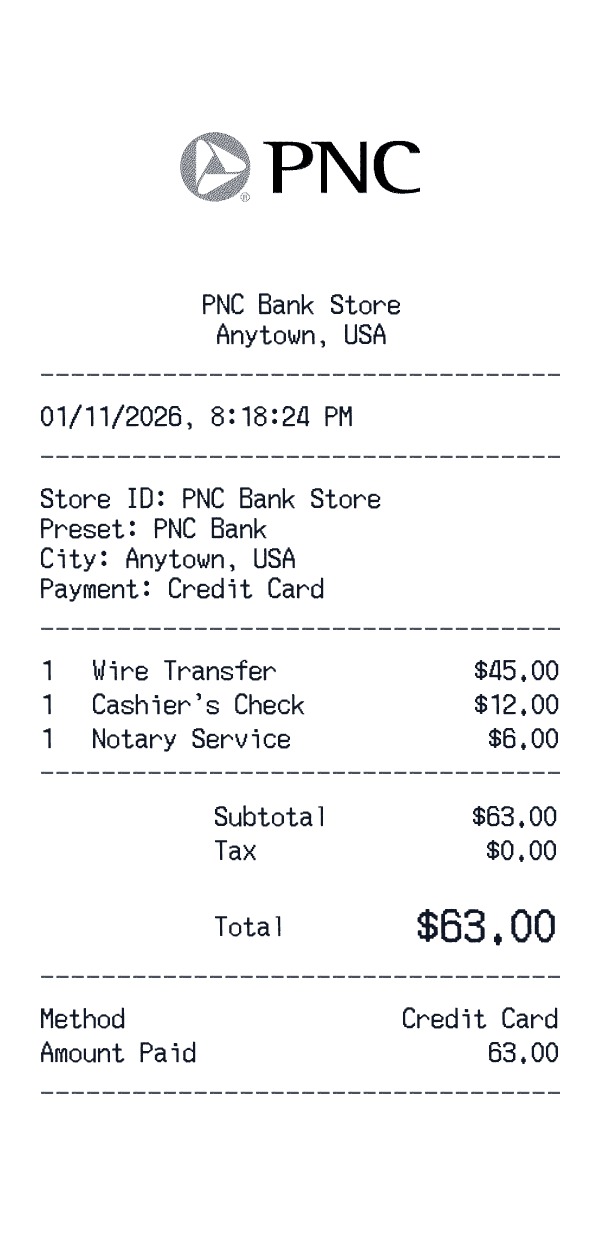 PNC Bank receipt preview