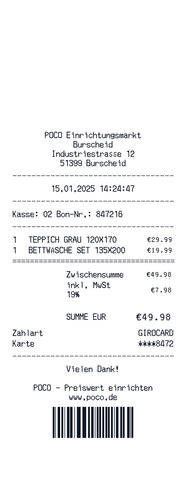 POCO receipt template example - retail receipt with itemized details, prices, and payment information
