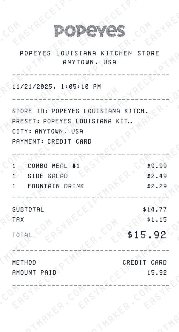Popeyes receipt template generator preview