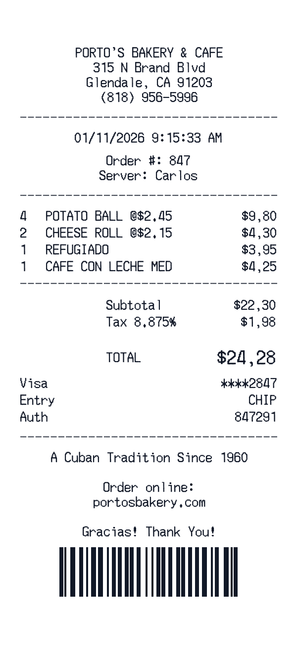 Porto's Bakery receipt preview