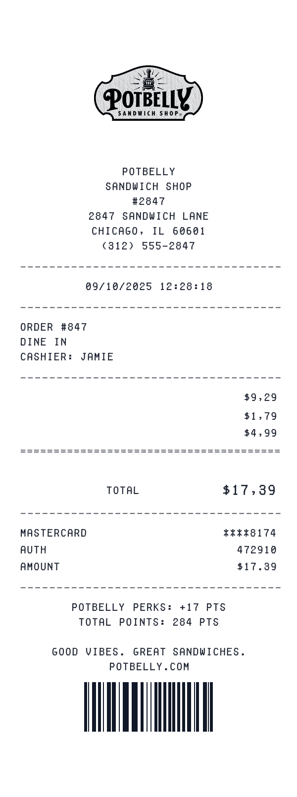 Potbelly receipt preview