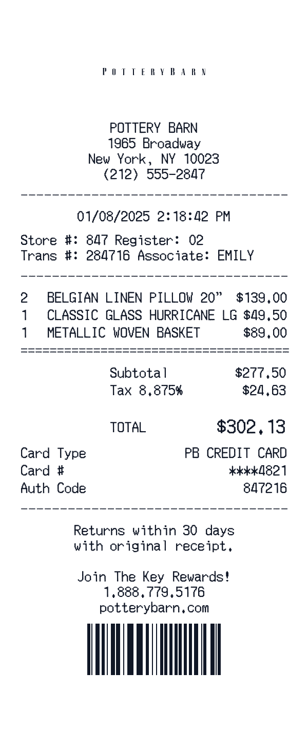 Pottery Barn receipt preview