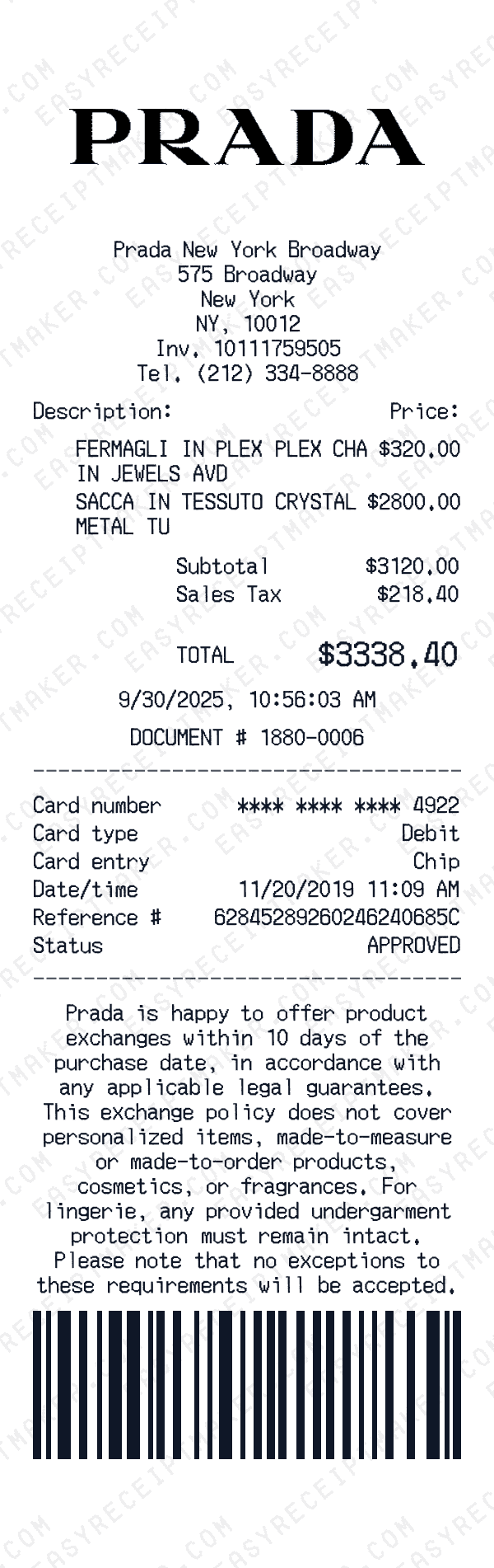 Prada receipt preview
