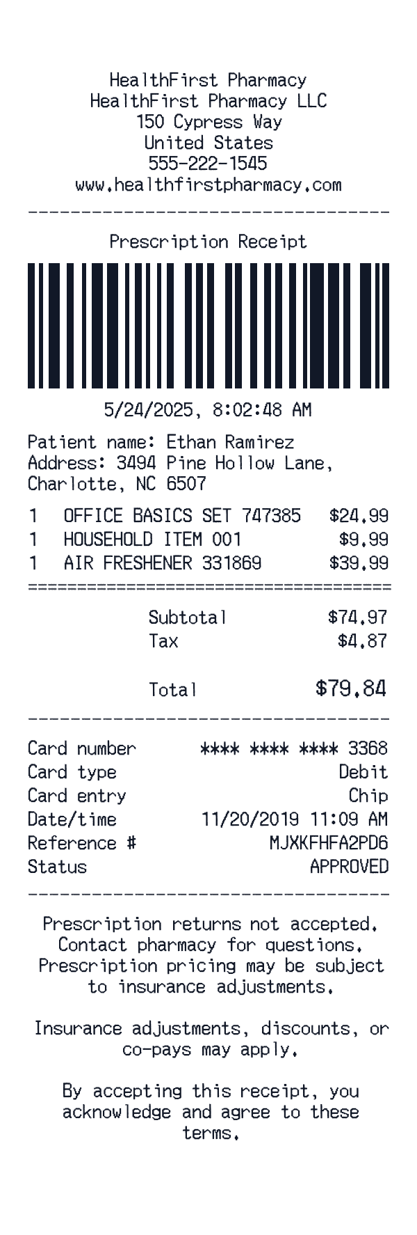 Prescription receipt template example