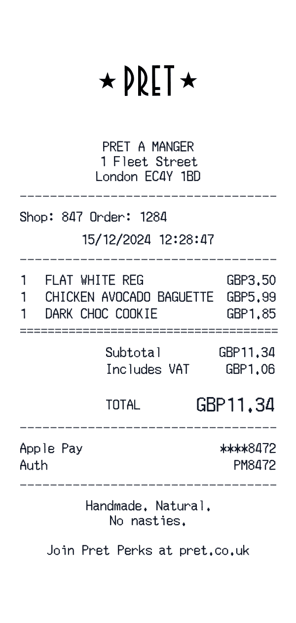 Pret A Manger receipt preview