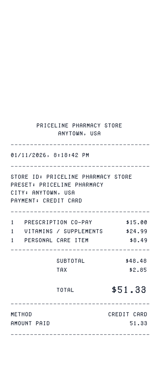 Priceline Pharmacy receipt template example - pharmacy receipt with itemized details, prices, and payment information