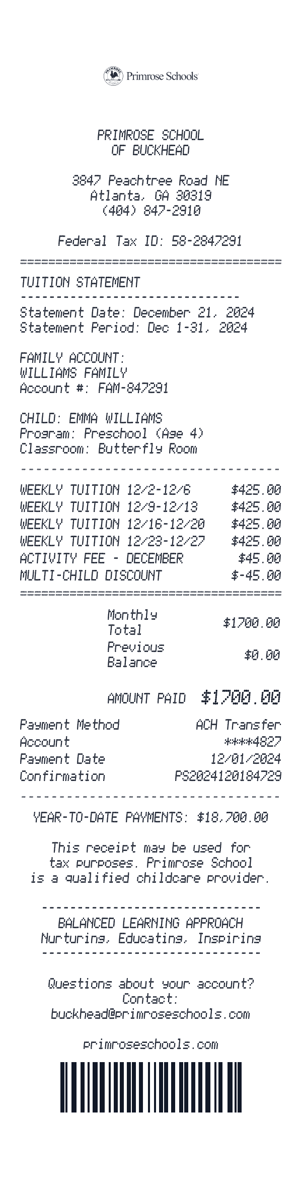 Primrose Schools receipt template example