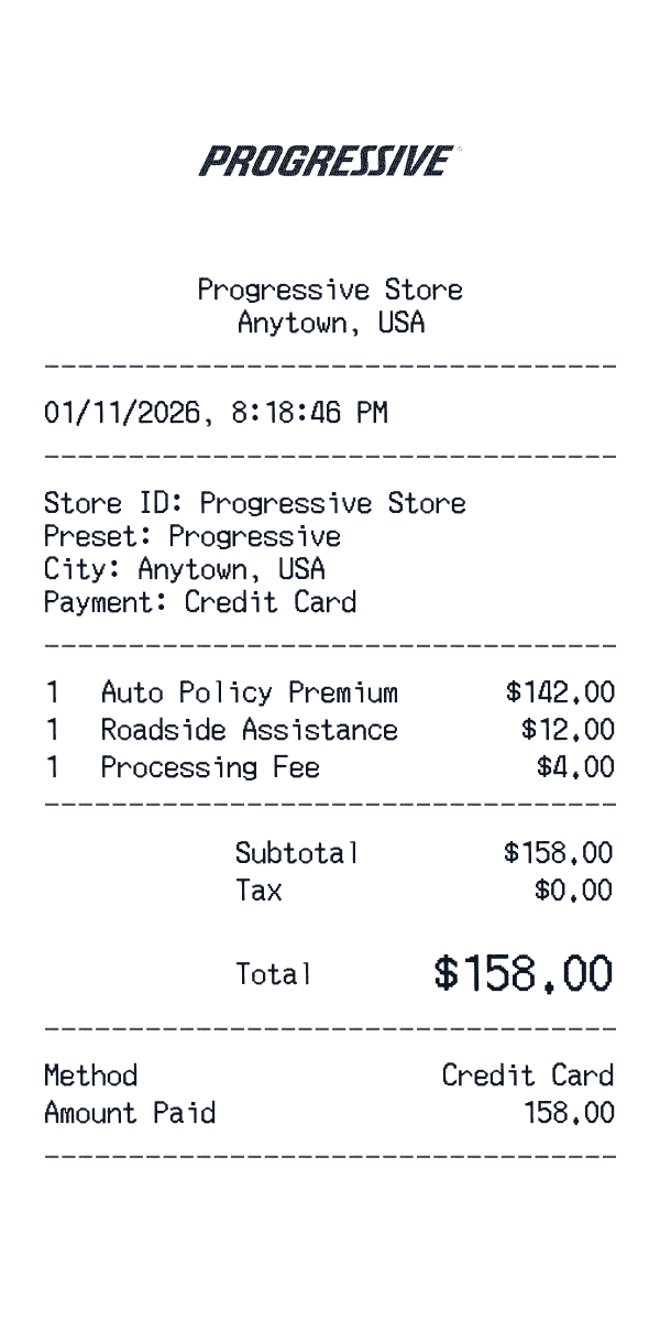Progressive receipt template example - insurance receipt with itemized details, prices, and payment information