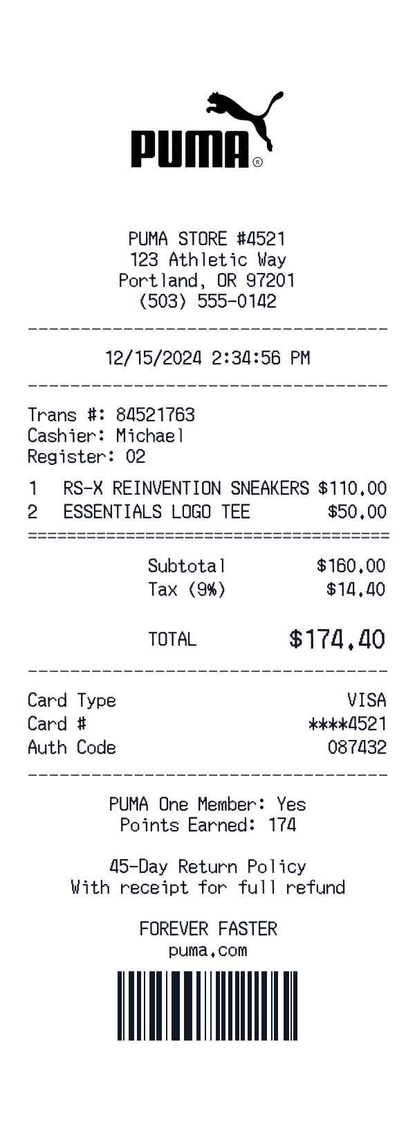 PUMA receipt preview