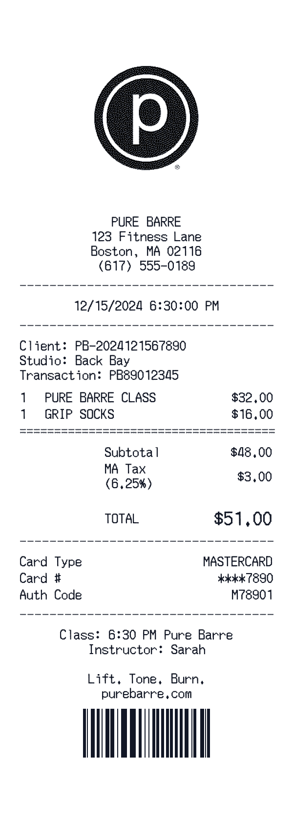 Pure Barre receipt preview