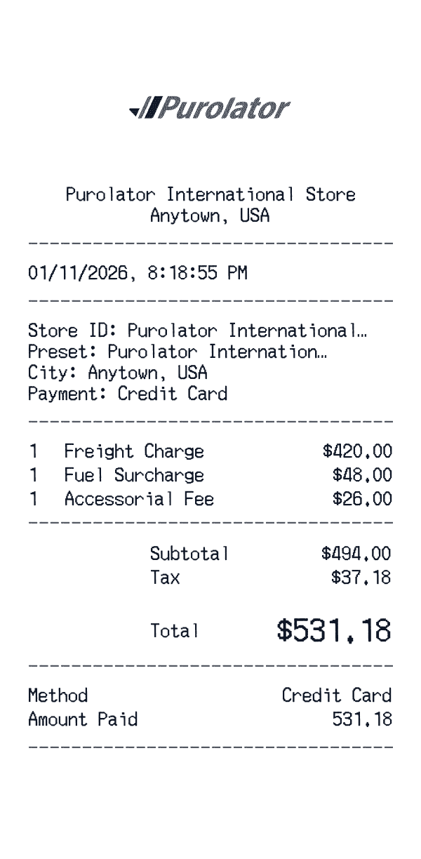 Purolator International receipt template example - logistics / shipping receipt with itemized details, prices, and payment information