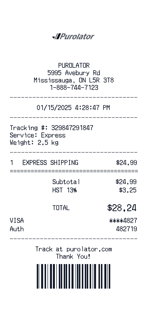 Purolator receipt template example - other receipt with itemized details, prices, and payment information