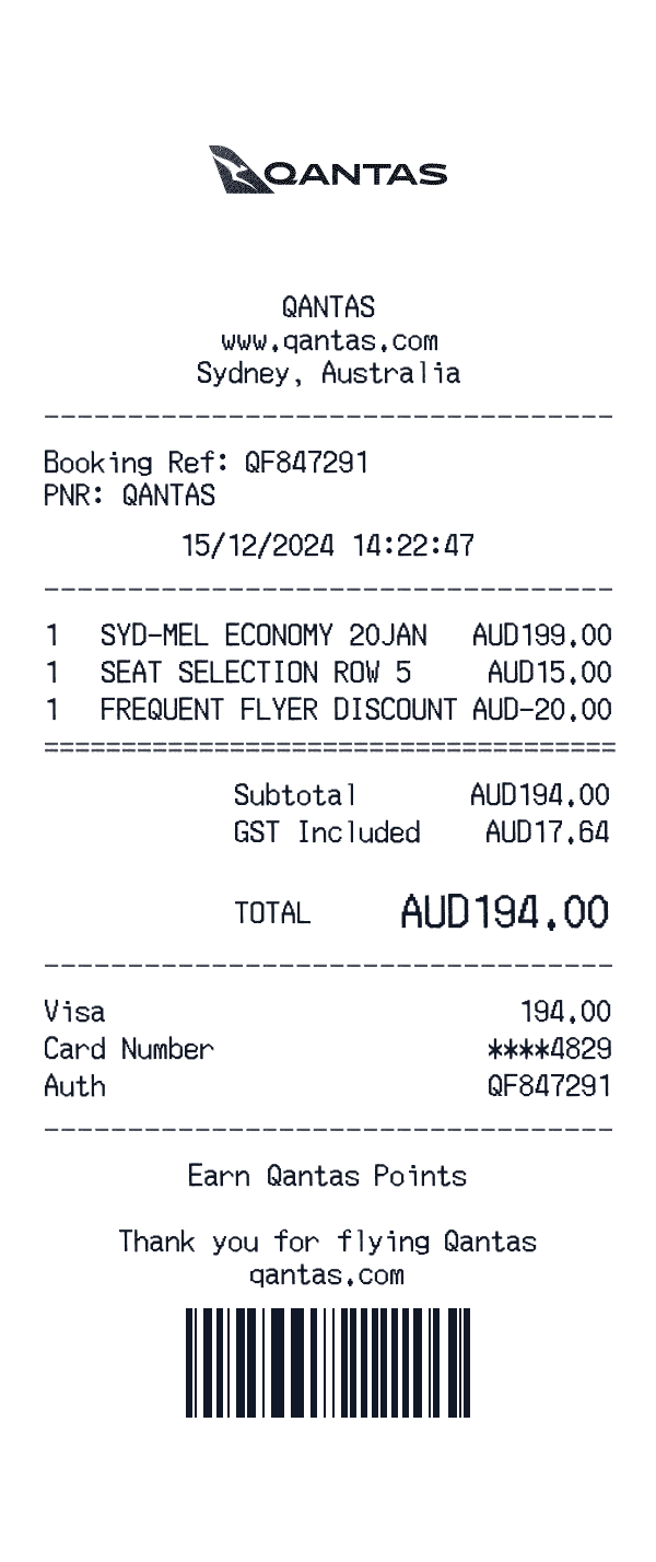 Qantas receipt template example