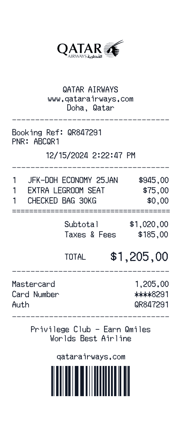 Qatar Airways receipt template example - transportation receipt with itemized details, prices, and payment information