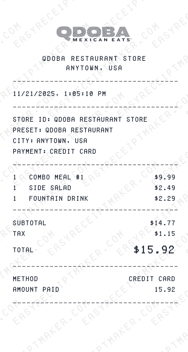Qdoba Mexican Eats receipt template generator preview