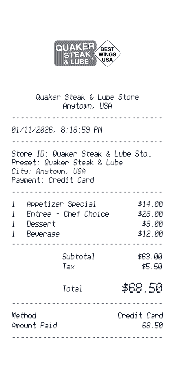 Quaker Steak & Lube receipt preview