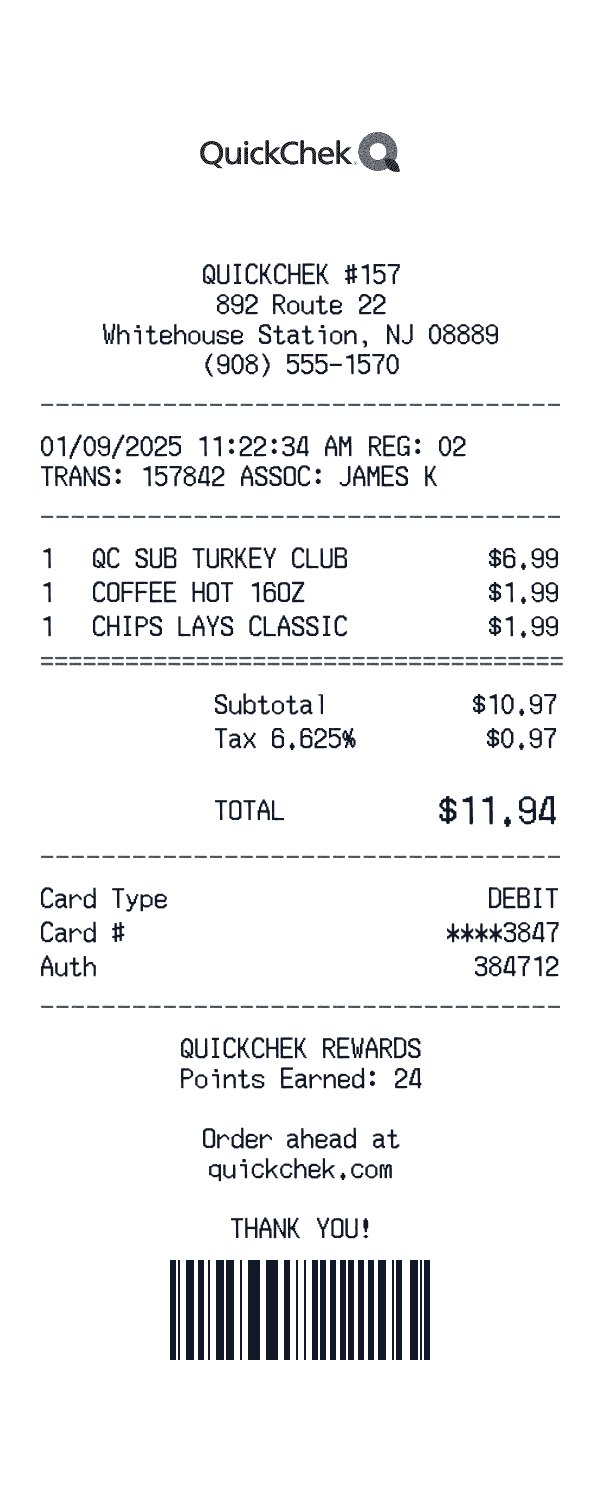 QuickChek receipt template example - convenience receipt with itemized details, prices, and payment information