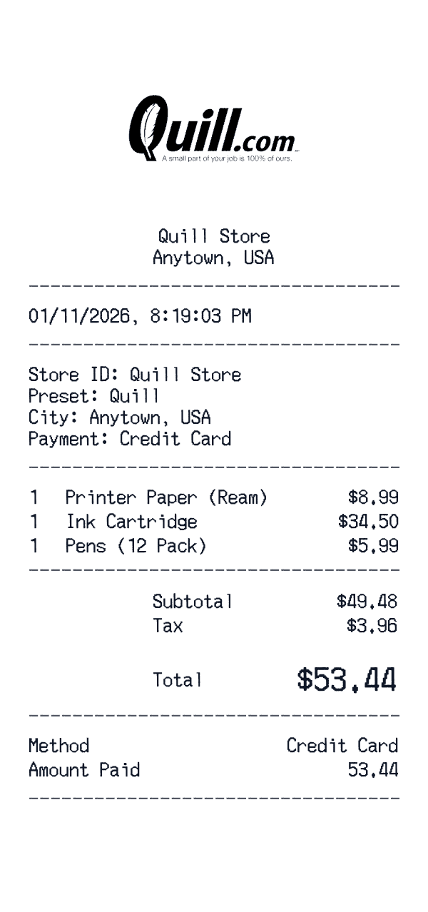 Quill receipt template example - office receipt with itemized details, prices, and payment information