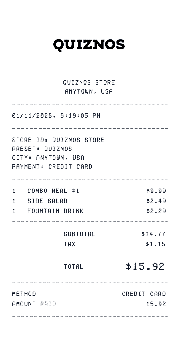 Quiznos receipt preview