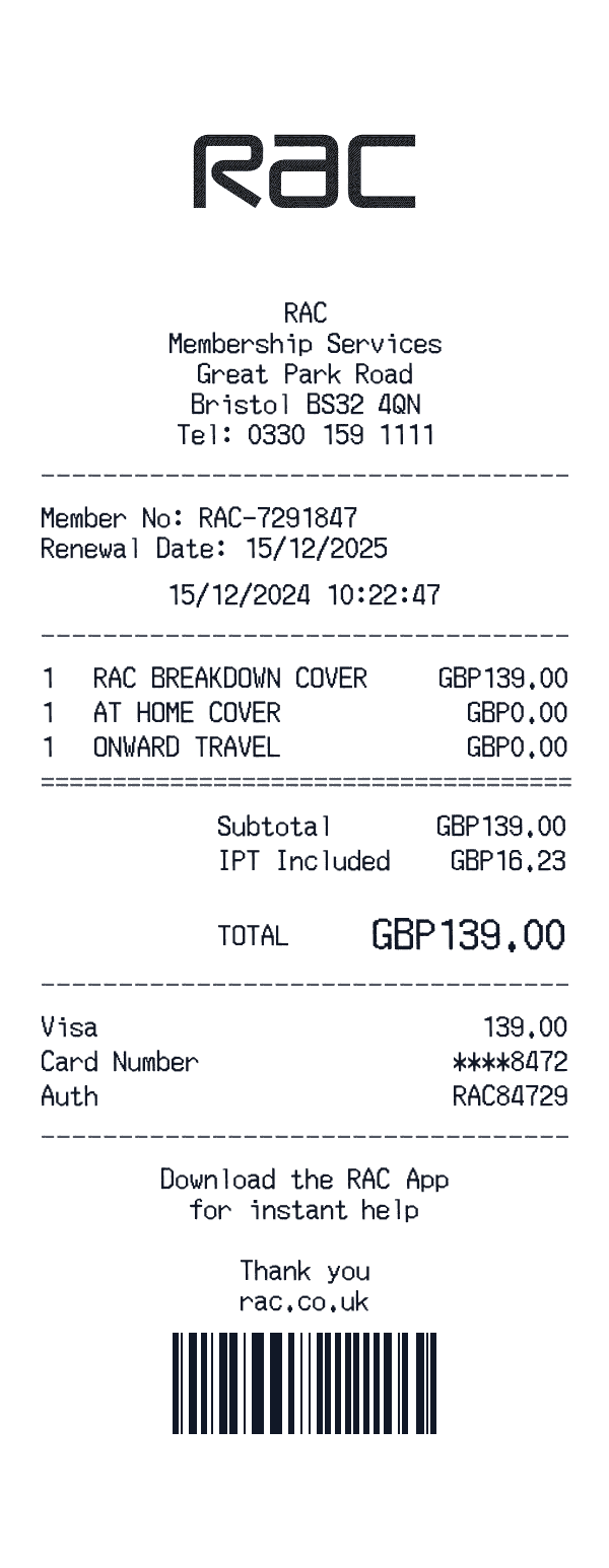 RAC receipt template example - auto receipt with itemized details, prices, and payment information