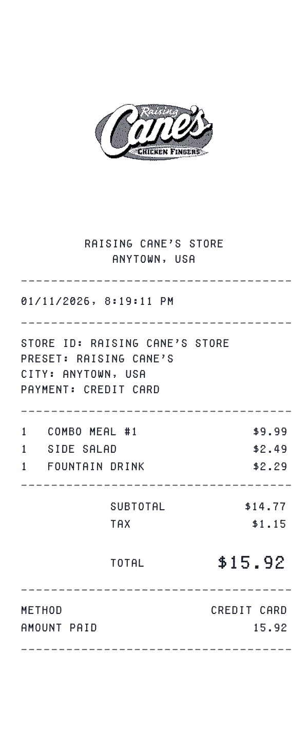Raising Cane's receipt preview
