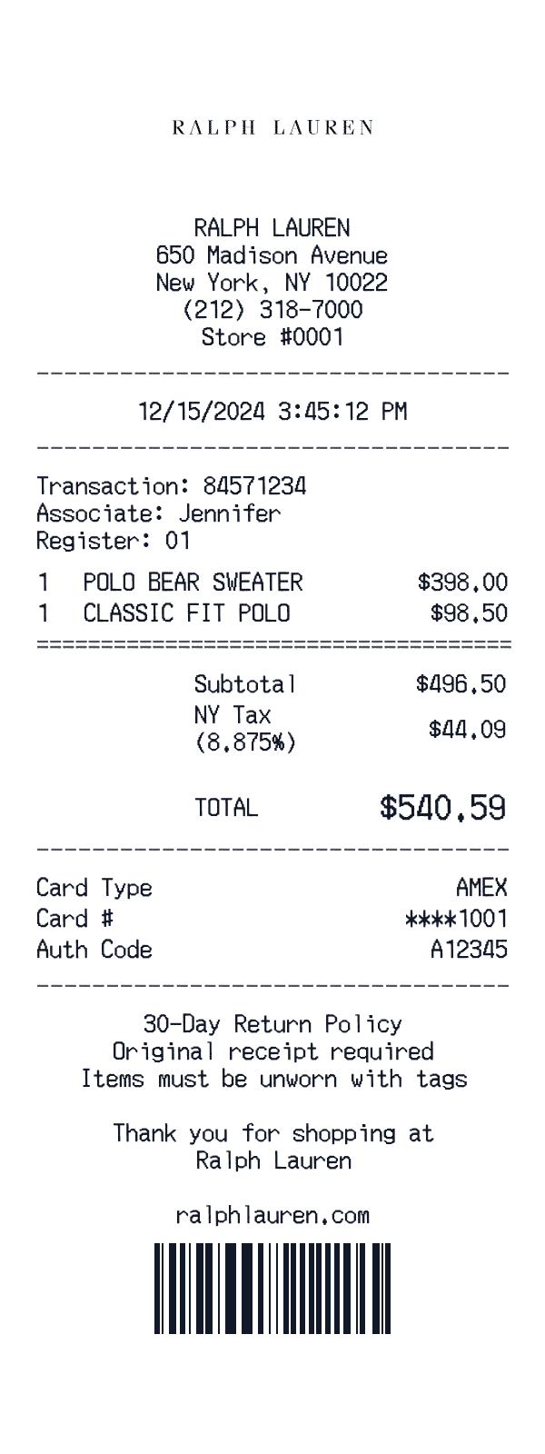 Ralph Lauren receipt preview