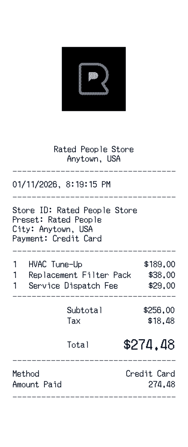Rated People receipt template example - home services receipt with itemized details, prices, and payment information