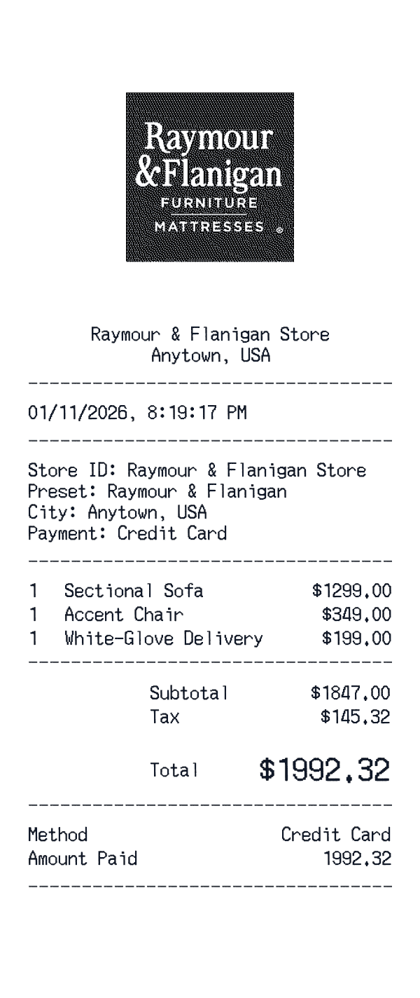 Raymour & Flanigan receipt template example - furniture receipt with itemized details, prices, and payment information