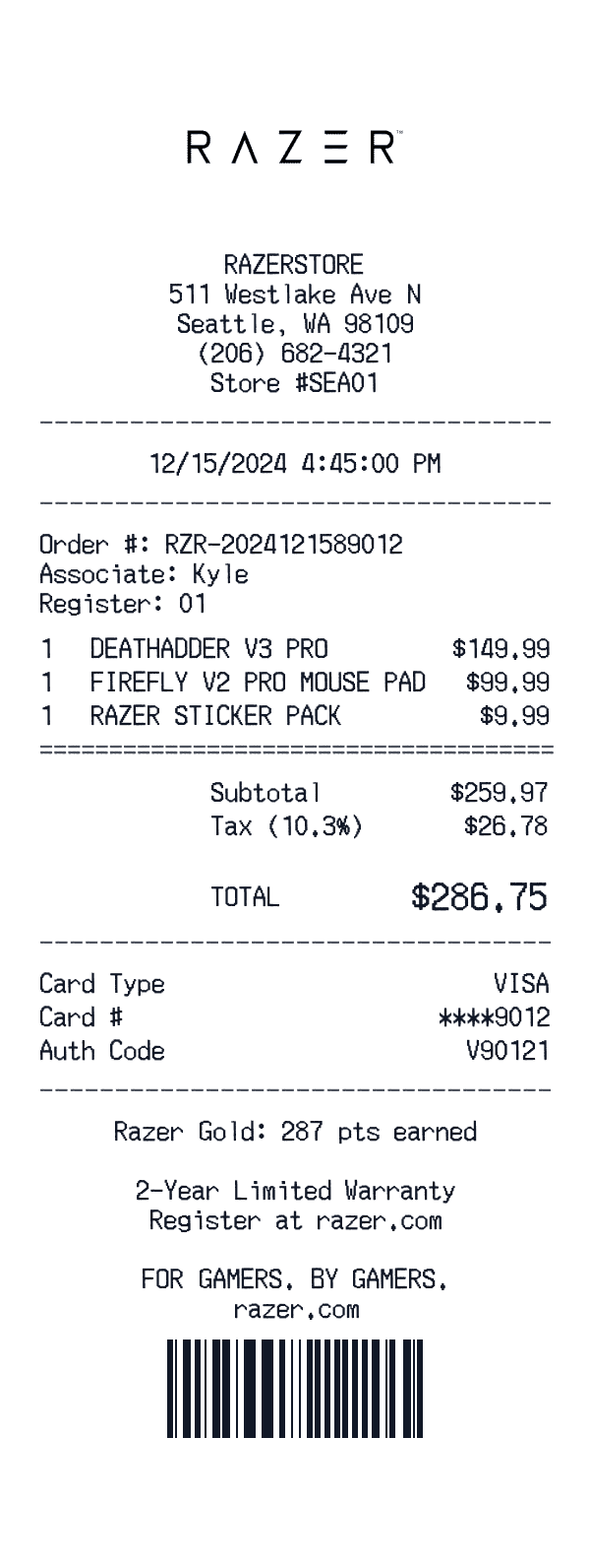 Razer USA receipt preview