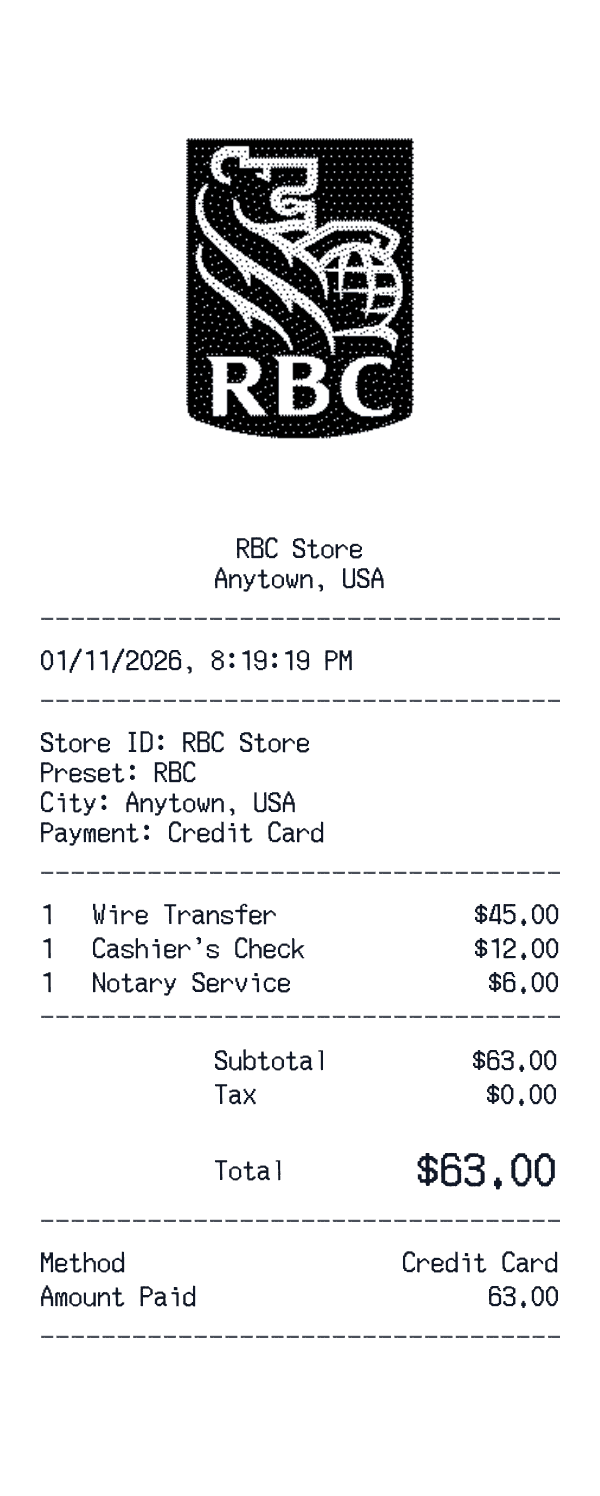 RBC receipt template example - finance receipt with itemized details, prices, and payment information