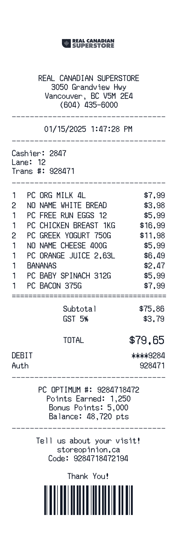 Real Canadian Superstore receipt template example - grocery receipt with itemized details, prices, and payment information