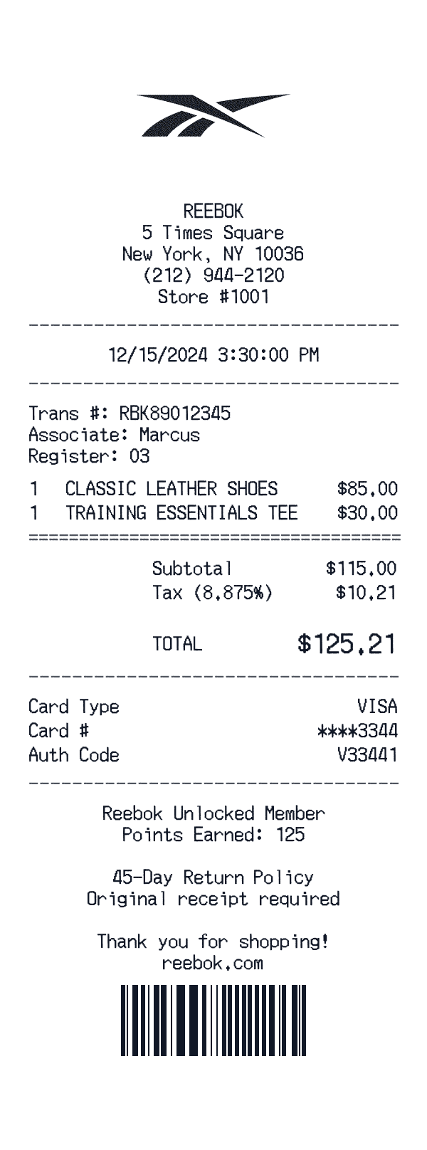 Reebok receipt preview