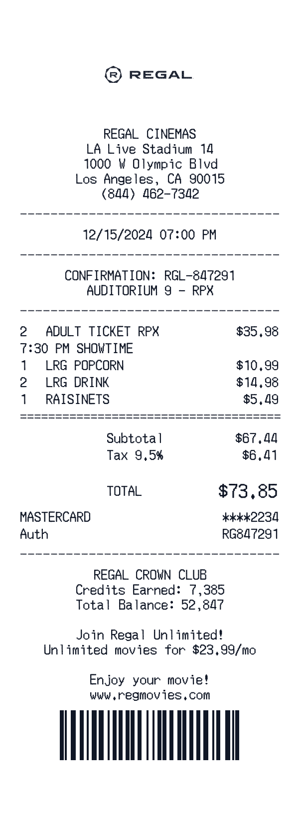 Regal Cinemas receipt template example - entertainment receipt with itemized details, prices, and payment information